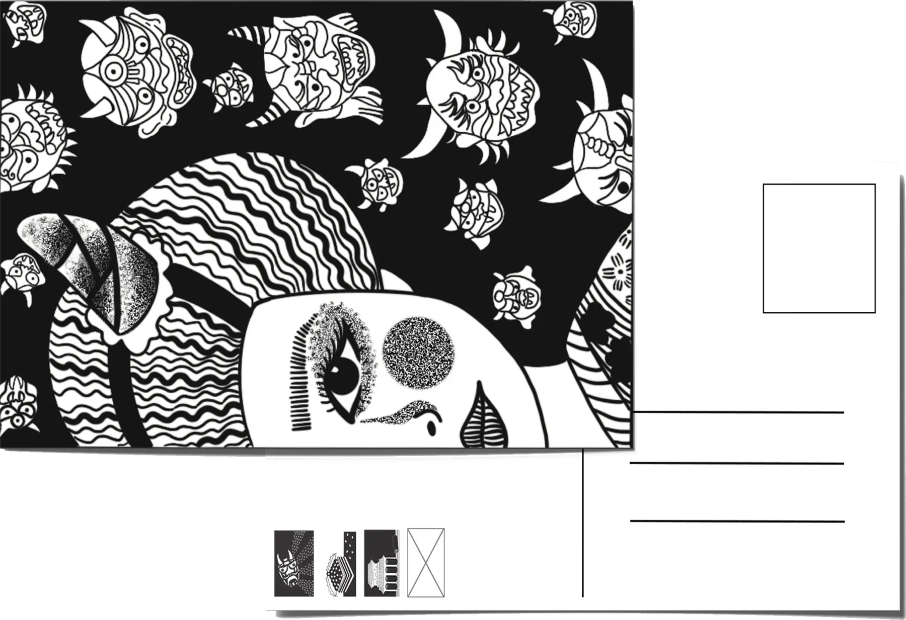 The printed postcard set, front and reverse